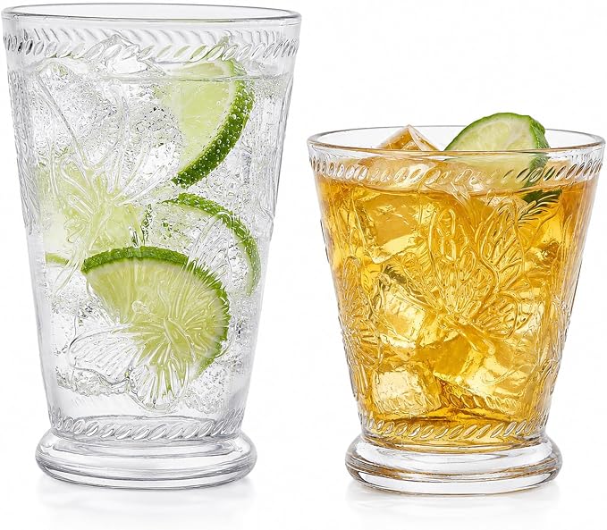 2 Pack Embossed Vintage Mixed Drinking Glasses, 12 Oz & 9 Oz Glasses | Embossed by Unknown