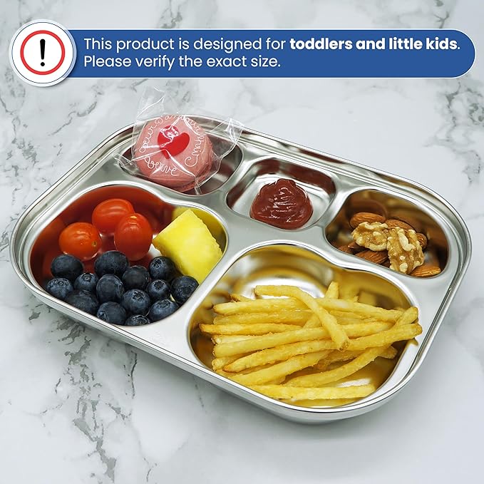 Korean Stainless Steel Divided Plates for Toddlers, Kids, Babies, Premium 304, Electro-Polished, No Black Residue, BPA-Free, 5-Compartment Food Tray, Camping, Picky Eaters, Set of 2