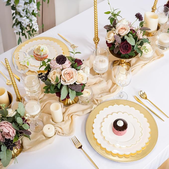 LIYH 24 Pcs Plastic Round Charger Plates 13'' Gold Charger Plates Chargers for Dinner Plate Great for Table Setting Wedding Party Decoration