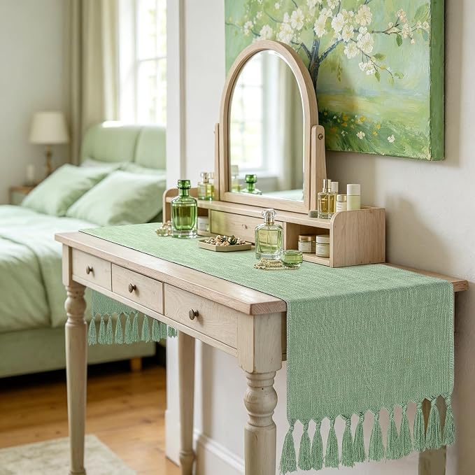 Sage Green Table Runner 13 x 72 Inch, Boho Woven Table Runner by yuboohomedecorations