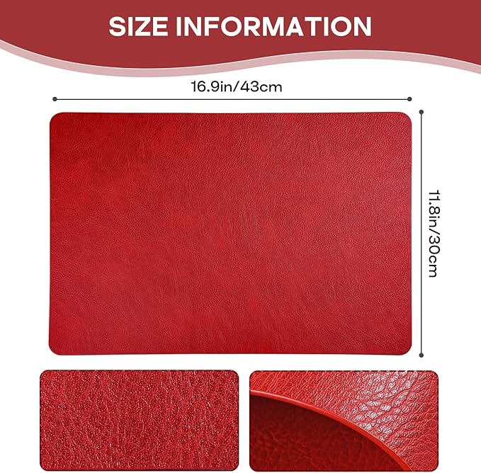 Faux Leather Placemats Set of 6, Washable Place Mats, Wipeable Waterproof Oil-Proof Heat Resistant Table Mats, Non-Slip Vinyl Placemats Rectangular Place Mat for Table Indoor Outdoor (Red)