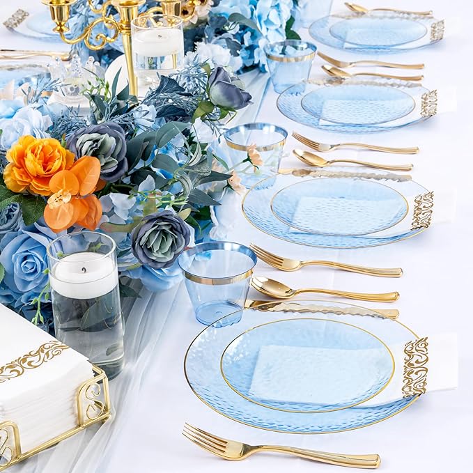 Rubtlamp 350 Pcs Clear Blue Plastic Plates, Blue Gold Plastic Dinnerware Set (50 Guests), Blue Disposable Plates With Gold Rim, Hammered Party Plates Set for Wedding And Party