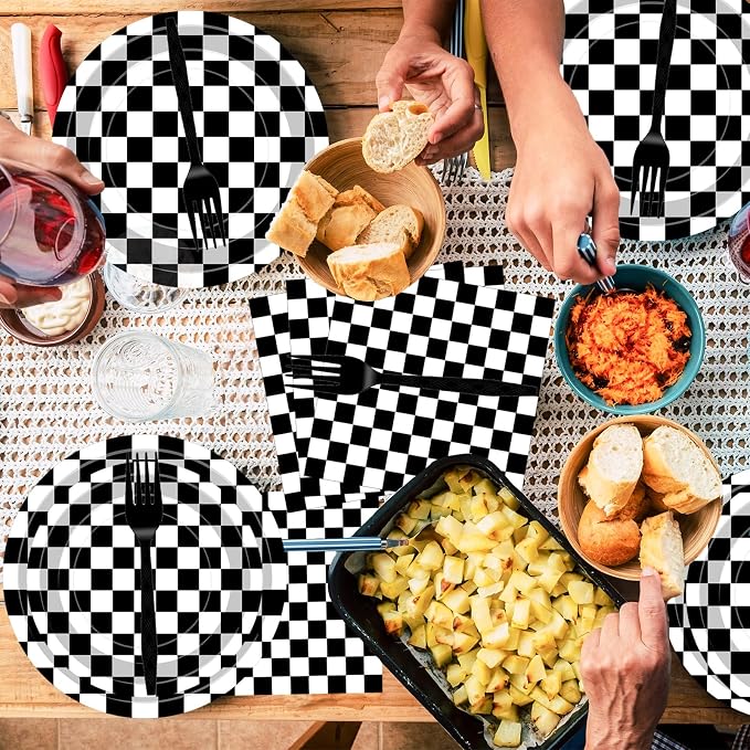 100 Pcs Racing Checkered Party Supplies Set, Serves 25 – Disposable Black and - Image 5