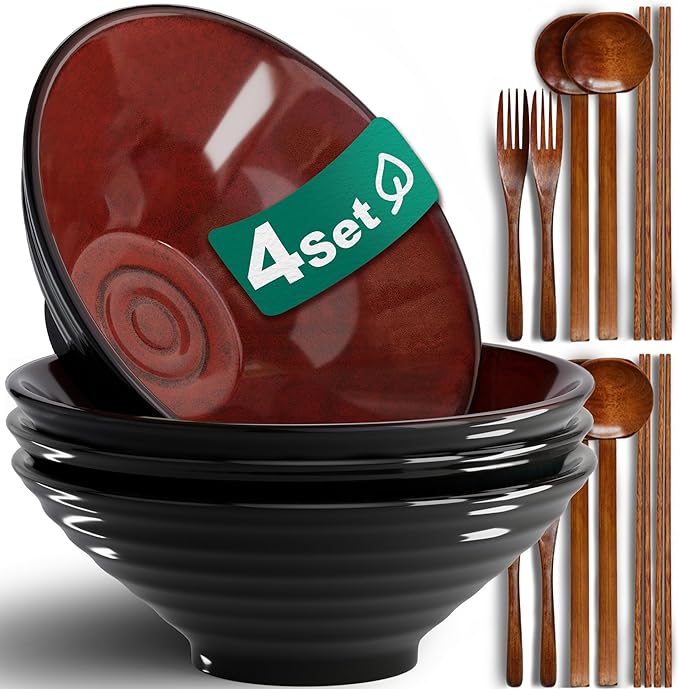 8-Inch 4 Sets Ceramic Ramen Bowl (16 Piece) - Japanese Porcelain Dishwasher Microwave Safe Salad Noodles Cereal Pasta Soup Large Bowls with Chopsticks Forks Spoons for Men Women Housewarming Gift