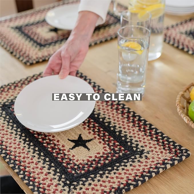 Homespice Primitive Star Gloucester Jute Braided Long Table Runner, Warm Primitive Decor, Black and Red Rectangle 11x36 - Rich Colors, Easy to Clean, Durable and Protects Furniture