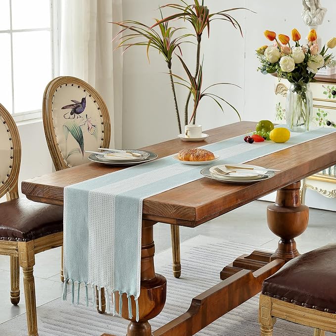 Wracra Linen Table Runner, Stripe Table Runners 72 Inches Long Aque Blue | - Image 5