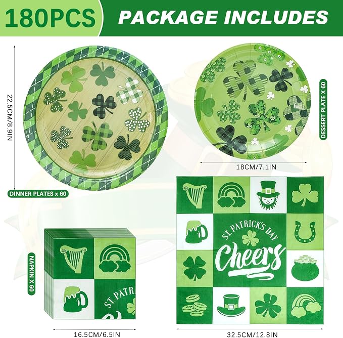 180PCS St.Patrick's Paper Plates and Napkins Party Supplies Serve 60 | Shamrock - Image 2