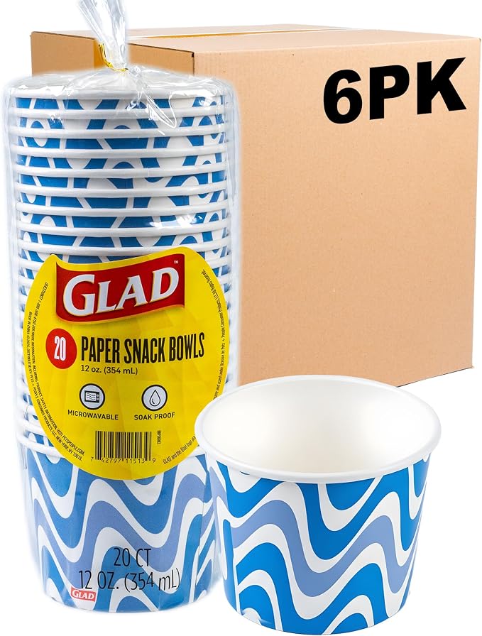 Glad Everyday Disposable Paper Snack Bowls, 12 Oz, 20 Ct, 6-Pk | Heavy-duty by GladTrashFoodStorage
