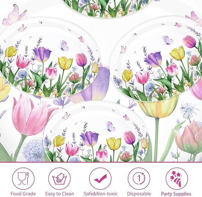 50 Pcs Tulip Oval Paper Plates Large 10" x 12" Tulip Lavender Floral Plates Disposable Heavy Duty Butterfly Flower Plates for Easter Spring Wedding Bridal Baby Shower Decor Birthday Tea Party Supplies