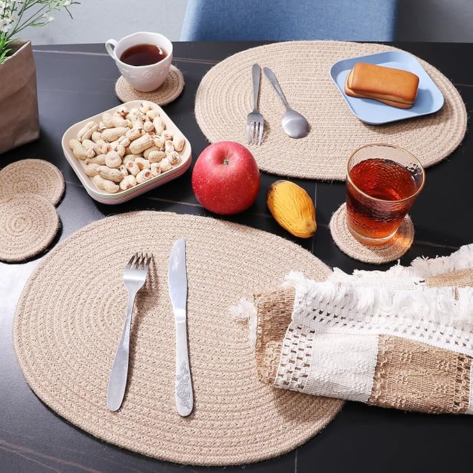 Braided Placemats Set of 4 Cotton Fabric Oval Table Mats Non Slip Washable 16 * 12 inch Oval Place Mats, 4 Pack Jute Woven Placemats