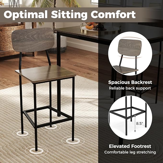 COSTWAY Dining Table Set for 4, 5-Piece Square Kitchen Nook Dinette Set with 4 Bar Stools with Footrest, Backrest, Space-Saving Design, Industrial Kitchen Table and Chairs for Apartment, Grey