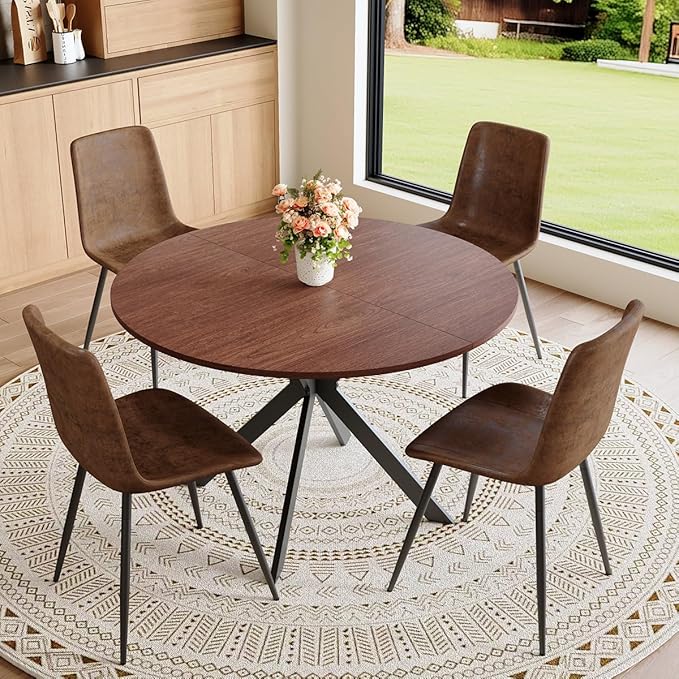Round Dining Table Set for 4｜42"-54" Extendable Dining Room Table Set｜Wooden Kitchen Table with 4 Chairs｜Mid Century Modern Dinner Table Set with Cross Legs｜Easy Assembly｜Space Saving