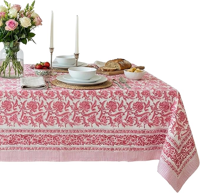 ATOSII Red Bloom 100% Cotton Tablecloth, Handblock Print Rectangle Table Cover for Kitchen Dining I Tabletop Linen I Parties, Wedding, Spring Summer Table Cloth 60 X 108 Inches