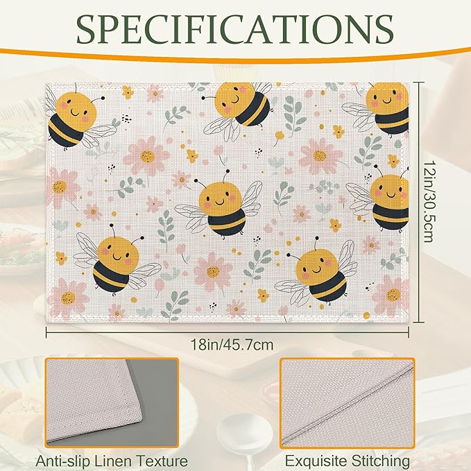 Table Placemats Set of 6,Cute Bee Cloth Placemats,Spring Flowers Heat-Resistant Table Mats for Kitchen Dining Room Decoration,Non-Slip Fabric Place Mats 11.8x17.7 Inch