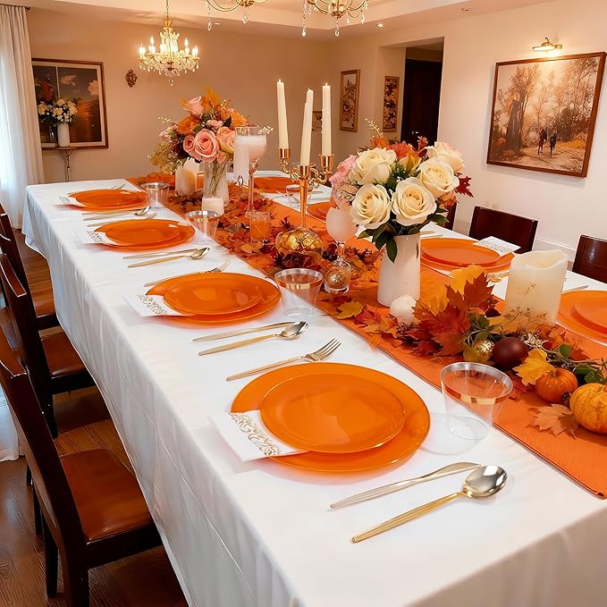 MirthMood 210PCS Orange Plastic Plates,Orange plastic Dinner Plates– Plastic Plates Set Includes 30 Dinner,30 Dessert Plate,30 Cup&50 Napkins, 30 Silverware for Wedding & Birthday Parties