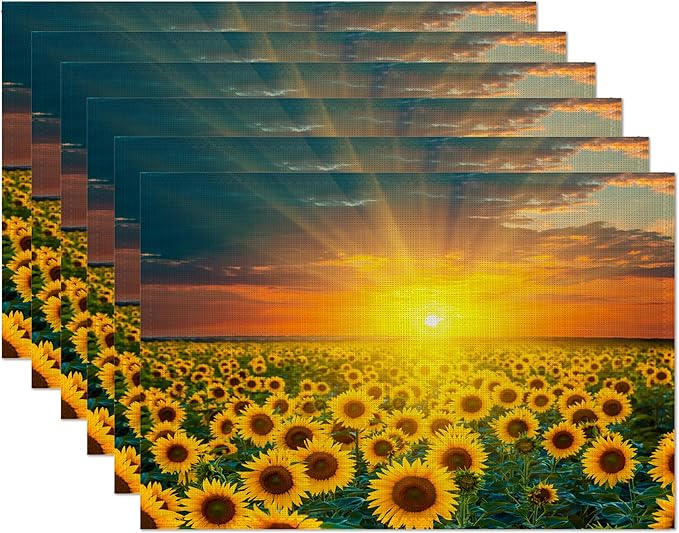Sunflower Fields Placemats Set of 6,Sunset Sunrise Linen Washable Kitchen Dining Table Mats Heat Resistant Place Mats for Home Party Indoor Holiday 12x18 Inch
