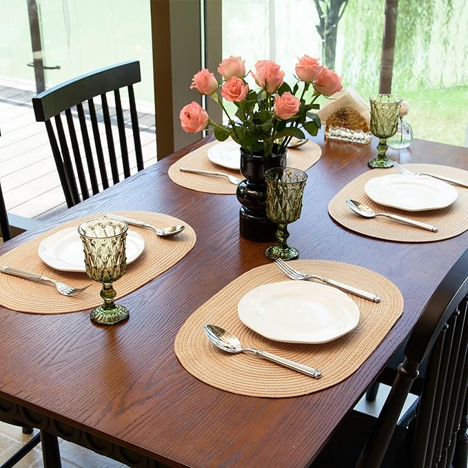 Noctiflorous Oval Braided Placemats Set of 8 Woven 12x18 Inch Non Slip Washable Heat Resistant Place Mats Round Tablemats for Dining Kitchen Party Daily Table Decor Dinner Mats (Beige Brown, 8)
