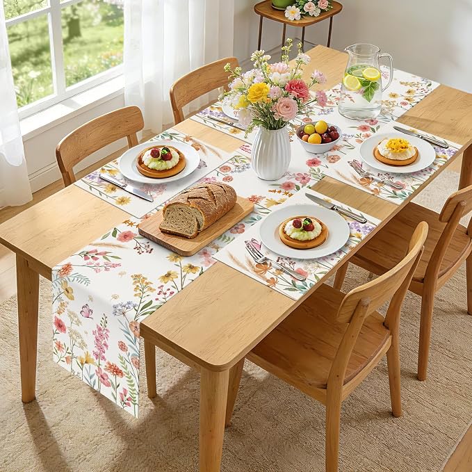 Bonhause Spring Floral Table Runner 13x90 Inch Pink Flowers Green Leaves - Image 4