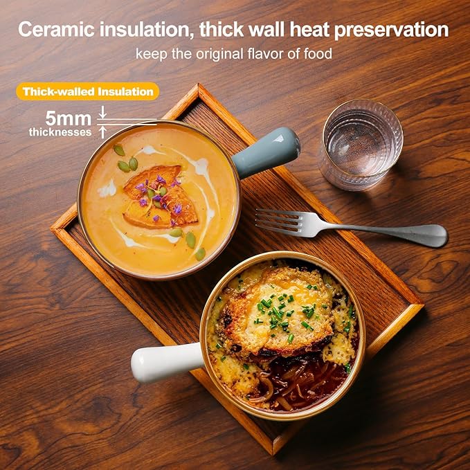 MONITO 28 Oz French Onion Soup Bowls, Ceramic Soup Bowls with Handles, Stackable Soup Crocks, Oven/Microwave/Dishwasher Safe, for Cereal, Soups, Casseroles