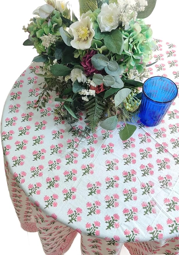 ATOSII Gulbahar White Pink 100% Cotton Spring Summer Round Tablecloth, Block Print Table Cloth for Dining, Weddings, Outdoors, Parties, Grand Millenial Home Decor 60" Inches I
