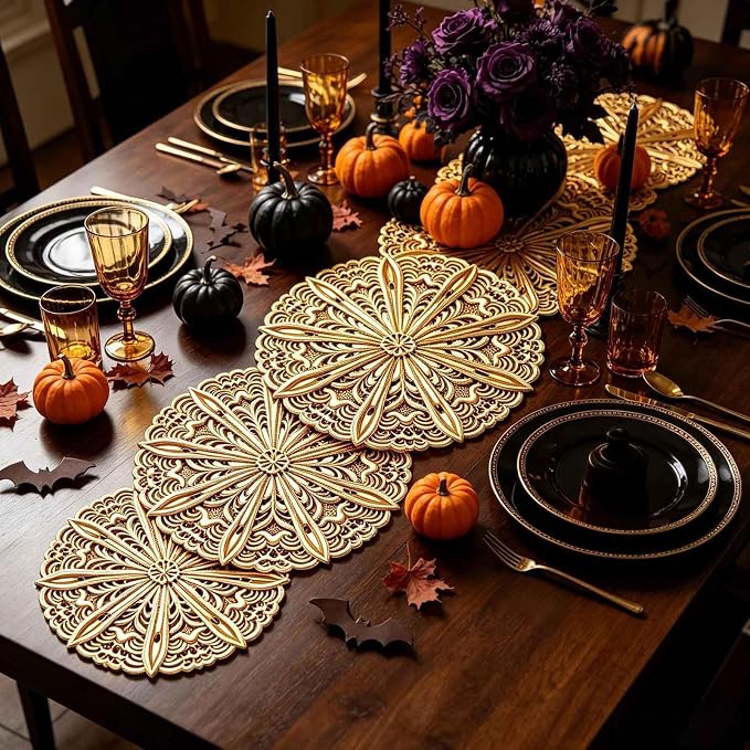 Gold Table Runner 36 Inches Flower Dining Table Runner Fall Decor | Vinyl - Image 4