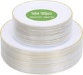Moretoes 100PCS White Gold Plastic Plates Disposable,Party Plates White with Gold Rim, 10.25inch Dinner Plates and 7.5inch Dessert Salad Plates Heavy Duty Plates for Wedding Party and Birthday
