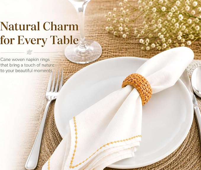 Woven Cane Napkin Rings for Table Settings, Textured Cane Napkin Holder Set of 8 - Image 7