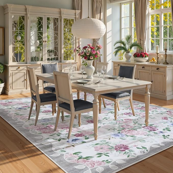 Lahome Vintage Floral 8x10 Rugs for Living Room,Large Boho Washable Rugs,Low Pile Bedroom Rug 8x10 Under Bed Carpet for Nursery Playroom Dining Room (Purple/Grey)