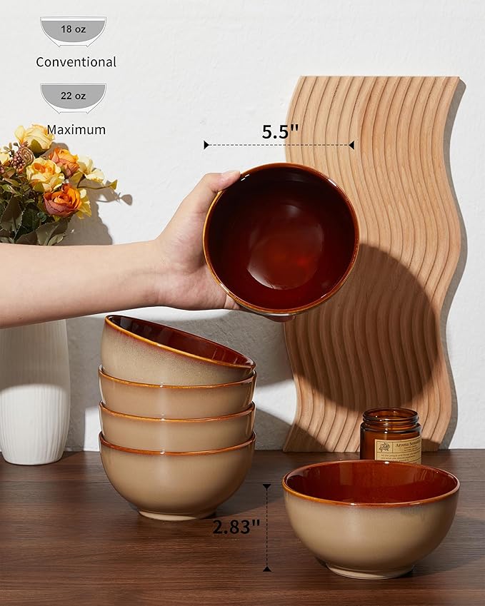5.5" Cereal Bowls & Dessert Bowls Set of 6-22 Oz Small Bowls for Kitchen-Ceramic Bowl for Cereal, Soup, Oatmeal, Salad, Ramen, Noodle, Rice, Yogurt-Dishwasher & Microwave Safe, Brown Yellow