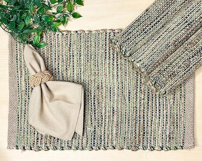 Natural Jute & Green Placemats, 13x19 Inch Dining Table Placemats by ChardinHome