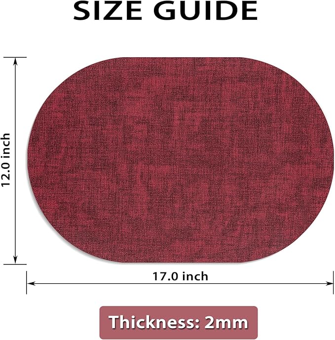 Placemats for Dining Table Set of 4 Non-Slip, Heat Resistant Oval Leather Placemat Double Layer, Waterproof Table Mats Easy to Clean for Kitchen Dining Room Coffee Office Table, Wine Red