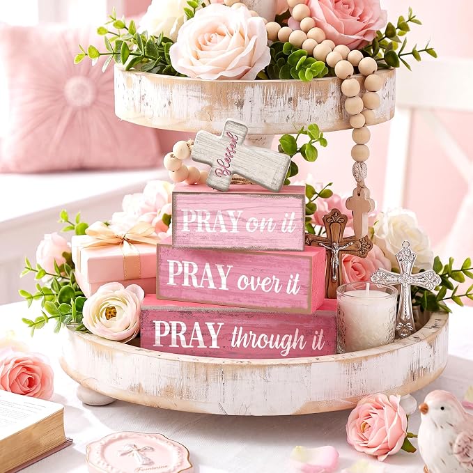 Moucuny 4 Pcs Pink Christian Table Decor Cross Wooden Bible Verse Sign - Image 4