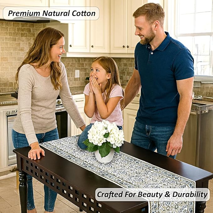 Indigo Floral Hand Block Print 100% Cotton Reusable Table Runner 16" X 106" - Image 2