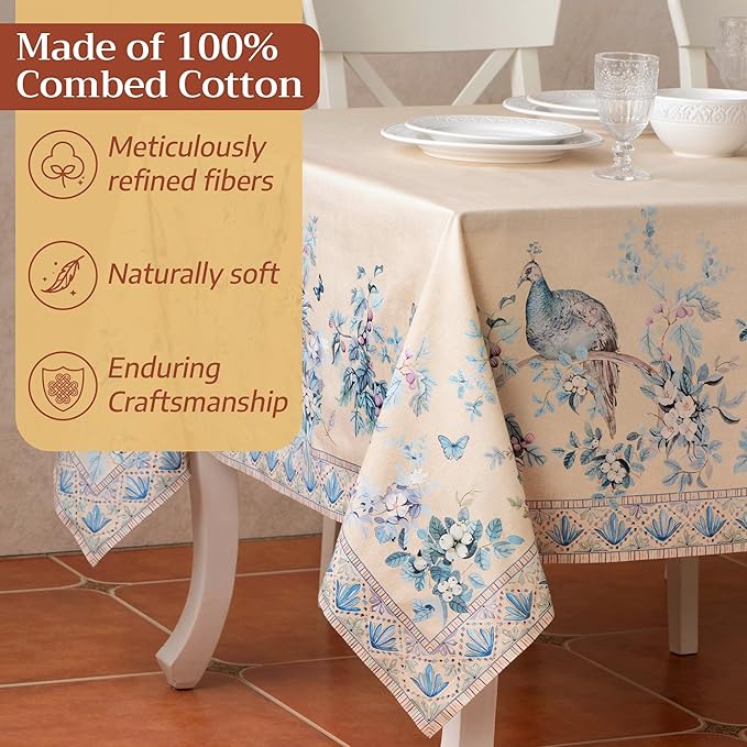 Maison d' Hermine Premium Table Cloth Rectangle Table 100% Combed Cotton 108 x 70 Inches Tablecloth Reusable Decorative for Dining Room, Home, Party, Festive & Wedding - Peacock Utopia - Sandy Beach