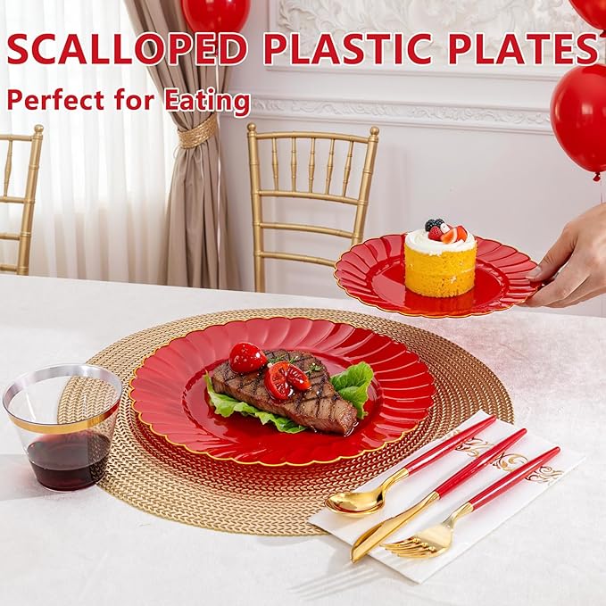 Ciaell 175 PCS Red Scalloped Plastic Plates with Gold Trim - Red Plastic Silverware with Handle - Fancy High-End Dinnerware Sets for Wedding & Valentine's Day & Party