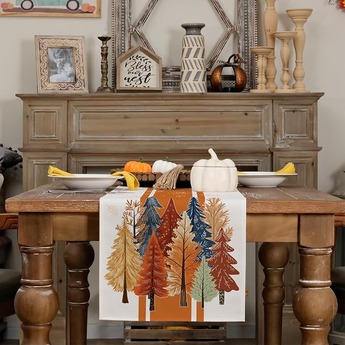 Fall Watercolor Trees & Maple Leaves Striped Table Runner 13x120 Inch, Rustic - Image 5
