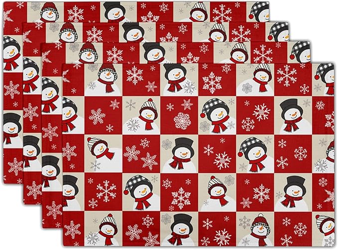 Winter Placemats Set of 4 - Cute Snowflake Snowman Place Mats 12x18 Table Mats Red Beige Buffalo Plaid Kitchen Mats for Party Dining Table