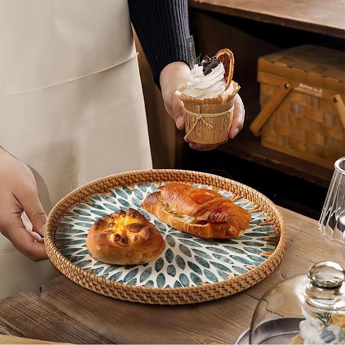 Round Rattan Tray with Mother of Pearl Inlay, Wooden Base | Coffee Table - Image 6