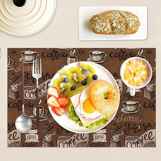 Retro Coffee Cup Placemats Set of 6 Linen Washable, Heat-Resistant 12x18 InchTable Place Mats for Kitchen Dining for Home Party Holidays