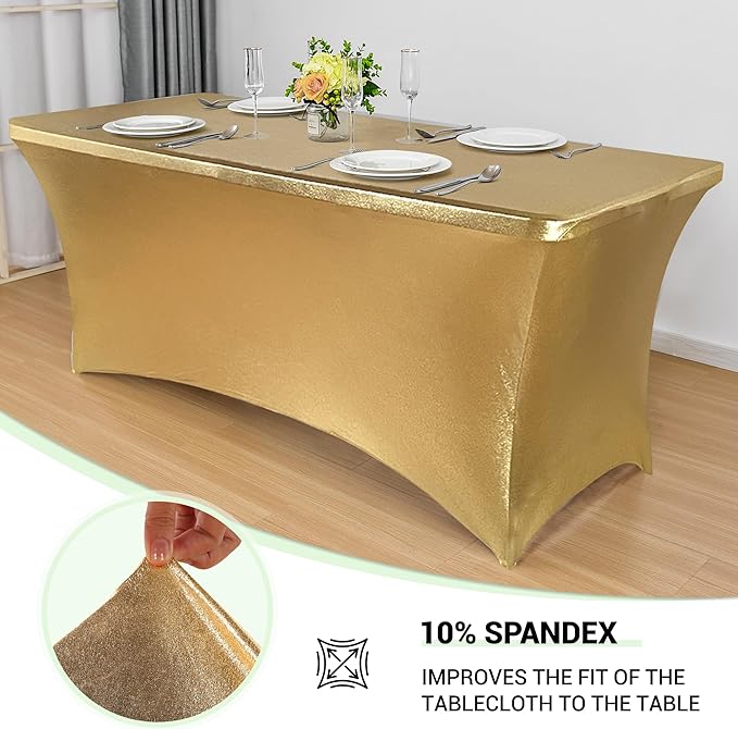 Obstal 6 Pack Stretch Spandex Table Covers for 6 Foot Tables - 6 FT Universal Rectangular Fitted Tablecloth Protector for Wedding, Banquet, Party (Stamping Gold, 72 L x 30 W x 30 H Inches)