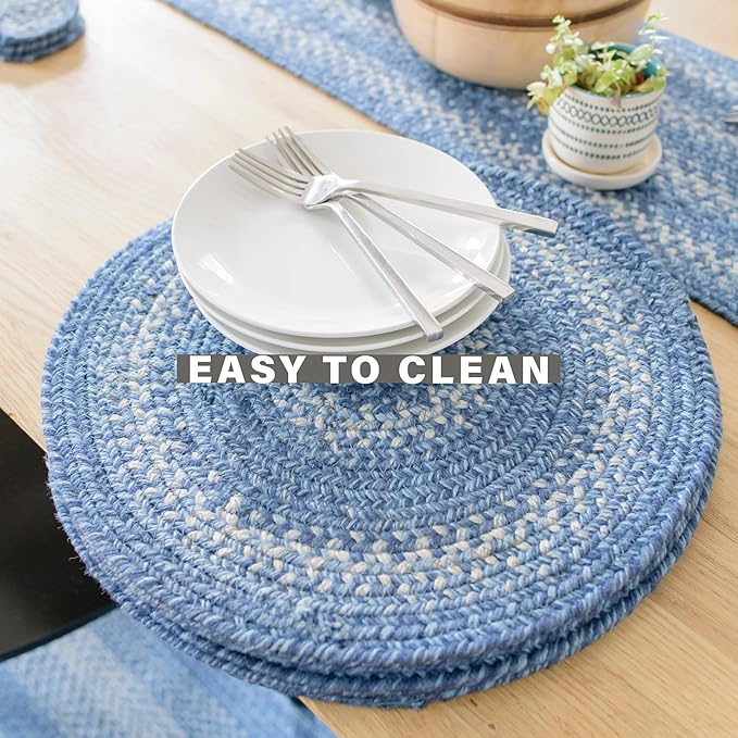 Homespice Denim Jute Braided Trivets for Table, Country Coastal Decor, Set of 3, Blue 8" Round Heat Resistant Mat - Rich Colors, Easy to Clean, Durable and Protects Furniture