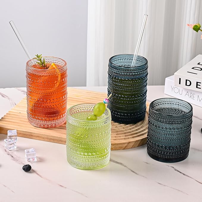 Vintage Hobnail Drinking Glasses Set of 8,Clear 12 oz & 15oz Highball Glass Cups, Kitchen Drinkware Glassware,Embossed Water Tumbler,for Beer,Cocktail,Whiskey,Juice and Various Mixed Drinks