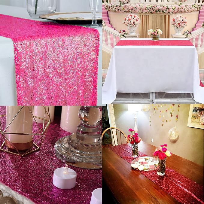 12 Packs 12 X 72 Inch Hot Pink Sequin Table Runner Glitter Dining Table Runner - Image 8