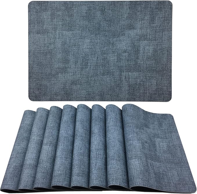WAZAIGUR Waterproof Easy to Clean Non-Slip Heat Resistant Thick Faux Leather Placemats for Dining Table Set of 8,Navy Blue
