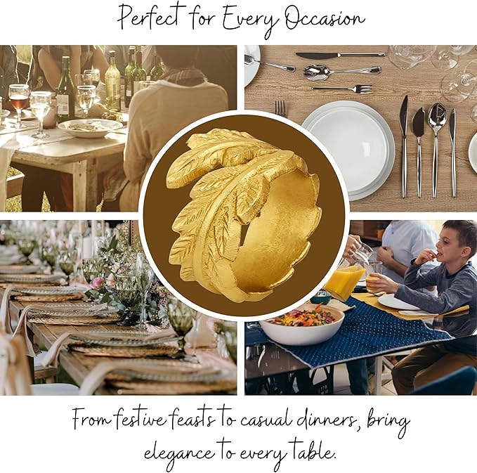 CLEENTABLE Gold Leaf Napkin Rings Set of 12 - Round Metal Napkin Holders for Dining Table Settings - Elegant Leaf Design for Weddings, Parties, Holiday Décor, Family Dinners & Special Occasions