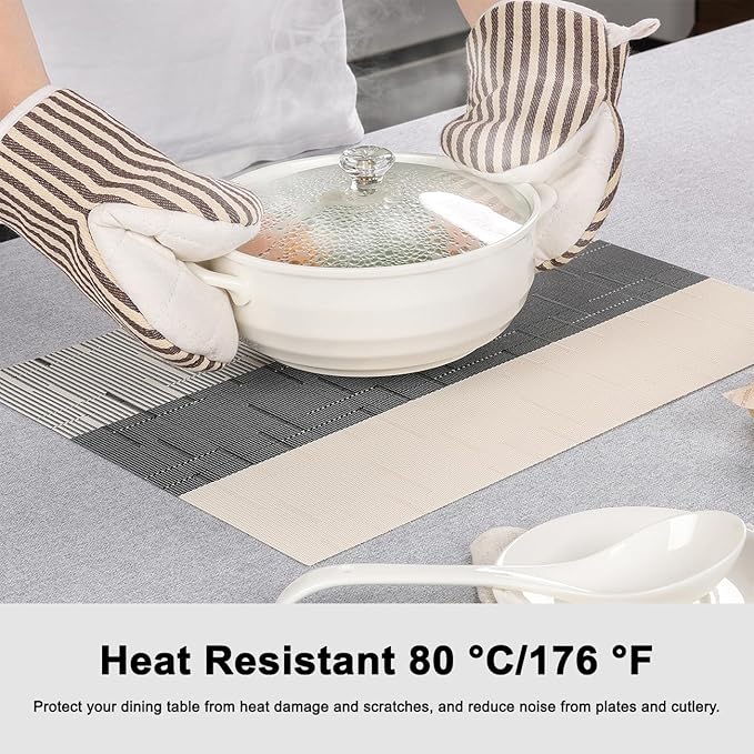 Placemats Set of 8, Vinyl Woven Place Mats Indoor Set of 8 Washable Wipeable PVC Table Mats Heat-Resistant Non Slip Plastic Placemat for Kitchen Dining Outdoor Table (Beige Black, Set of 8)