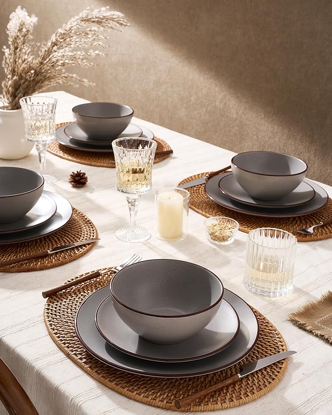 Famiware Venus Speckled Dinnerware Set with Pasta Bowls, Service for 6 (24 Pieces), Stoneware Plates and Double Bowls Sets, Microwave & Dishwasher-Safe Dishes with Trim, Matte Dark Grey