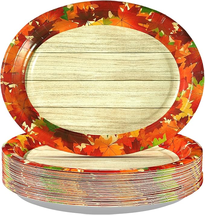 50Pcs Fall Oval Paper Plates 10" x 12" Large Disposable 400GSM Heavy Duty Fall Maple Leaves Wooden Grain Dessert Platters Autumn Party Decorations for Thanksgiving Harvest Holiday Party Supplies