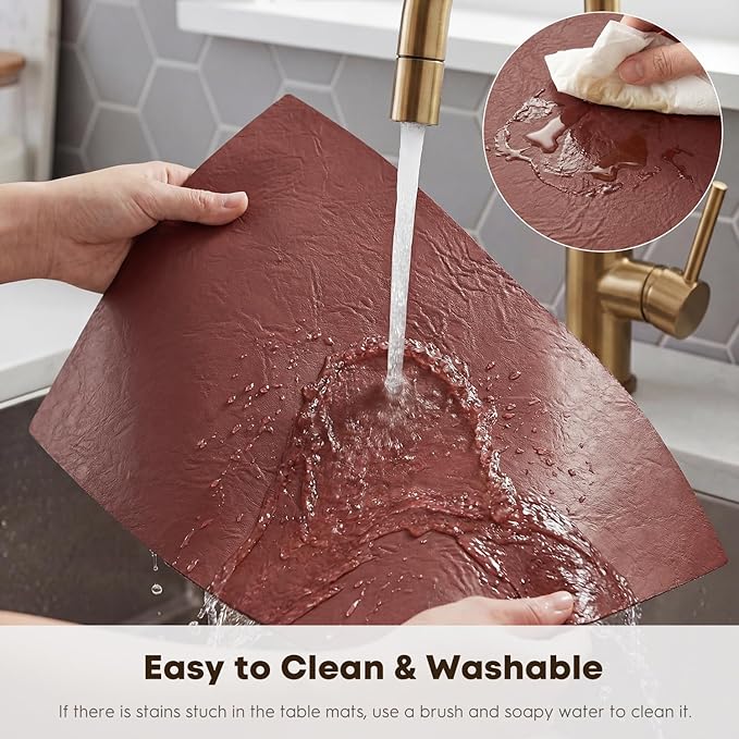 Artoid Mode Red Faux Leather Placemats Set of 4, 12x18 Inch Waterproof Wipeable Heat Resistant Vinyl Place Mats, Reversible Table Mats for Christmas Kitchen Dining Decor