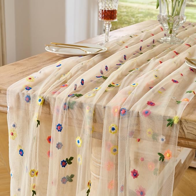 BINBE 1pcs Champagne Daisy Spring Table Runner Embroidery Gauze 10FT Florals by BINBE